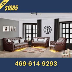 Brown Leather Sofa Loveseat Chair All 3pcs With Pillows 