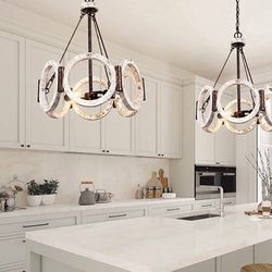 3 Light Geometric Ring Farmhouse Chandelier, Drum Pendant Lighting Fixture with Adjustable Height, Rustic Wood Kitchen Island Light for Dining Room Is