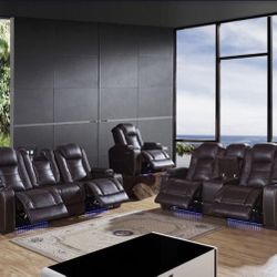 Brown Leather Reclining 2pc Set With LED Lighting $1999