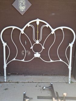Elliott's Design Queen Size Bed Frame: White Enameled Iron & Brass Headboard and Rails