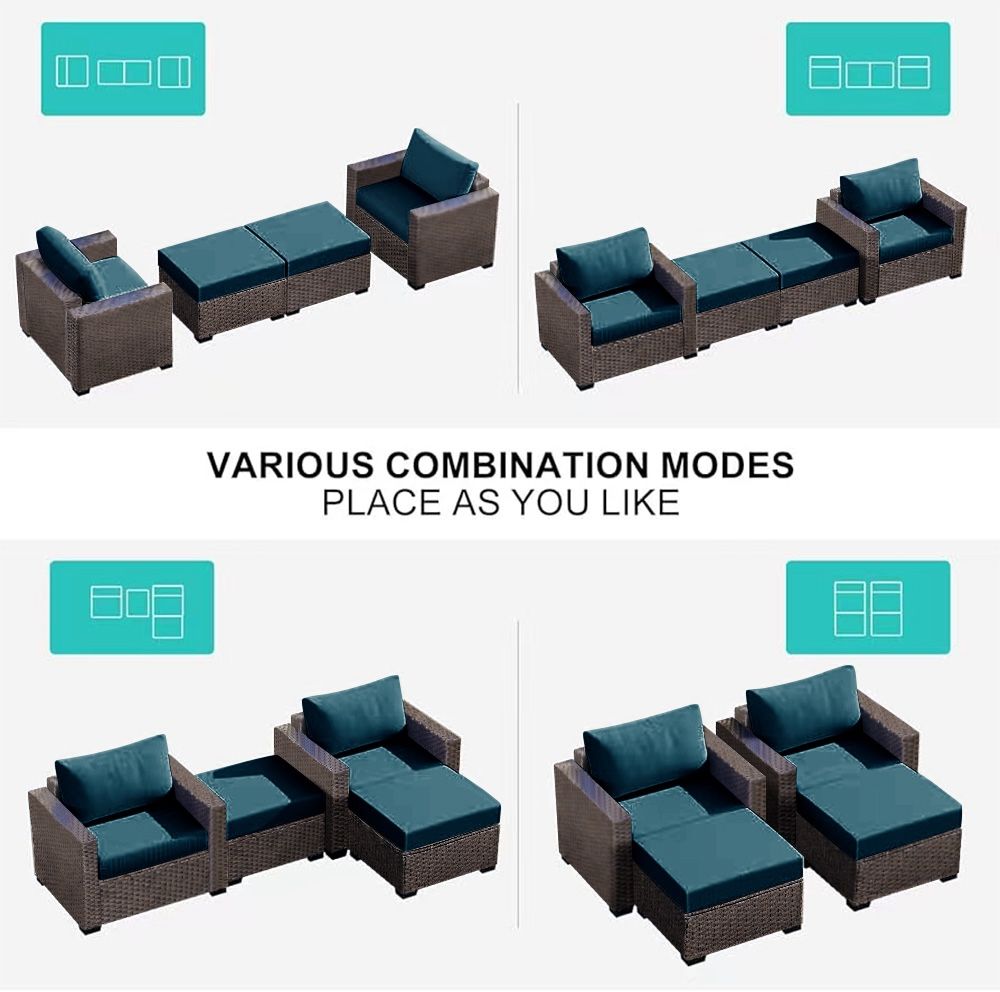 Outdoor Wicker Patio Chair with Ottoman for Porch Balcony Deck Backyard, Red Brown Rattan Sofa Chair Waterproof Removable 2 PCS Peacock Blue