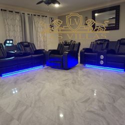 Brand New Luz Black - 3PC Reclining Set Sofa Drop Down w/ 2 Charging Pads + Reading Light Bluetooth Speaker in Loveseat LED Lights under Sofa & lovese