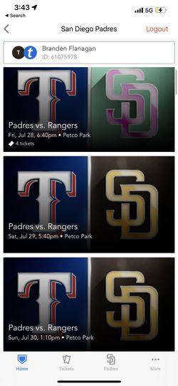 Padres Rangers July 30 Sunday Section 133 Row 9 2 Seats