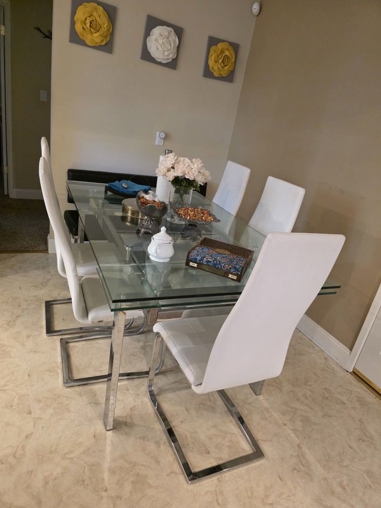 Modern Glass Dining Table Set with Chairs Bench (Excellent