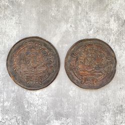 Vtg Handmade Artisanal Leather Embossed Round Coaster Set Of 2 Ship On Sea