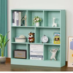 New in box LEYAOYAO 8 Cube Bookshelf with Base,3 Tier Modern Mint-Green Kids Bookcase,Standing Wide Bookshelves Storage Organizer Toy Shelf,Wood Displ