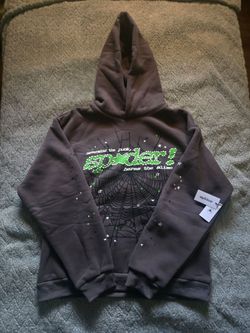 Dark gray sp5der hoodie with green print.