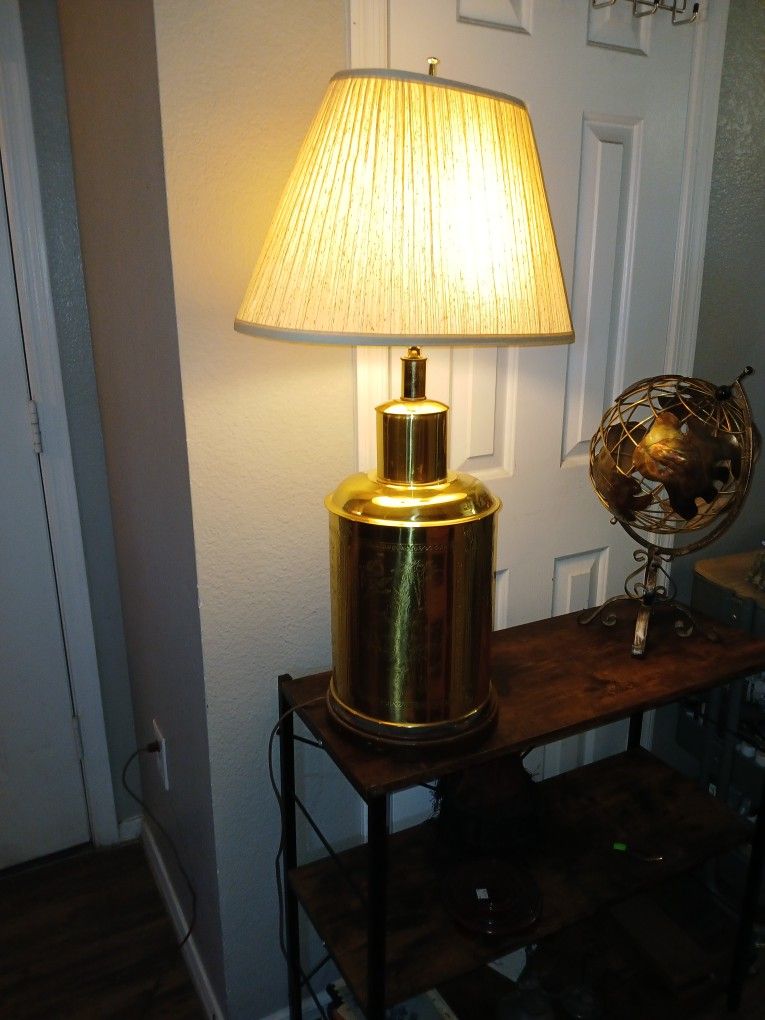 Vintage Or Antique Asian Brass Canister Etched Table Lamp Large