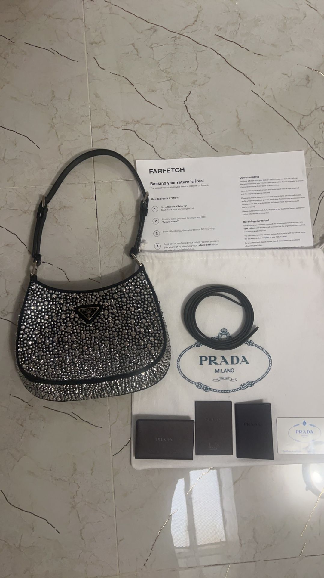 Prada Cleo Satin Bag With Appliqués Crystals (Metal/Black)