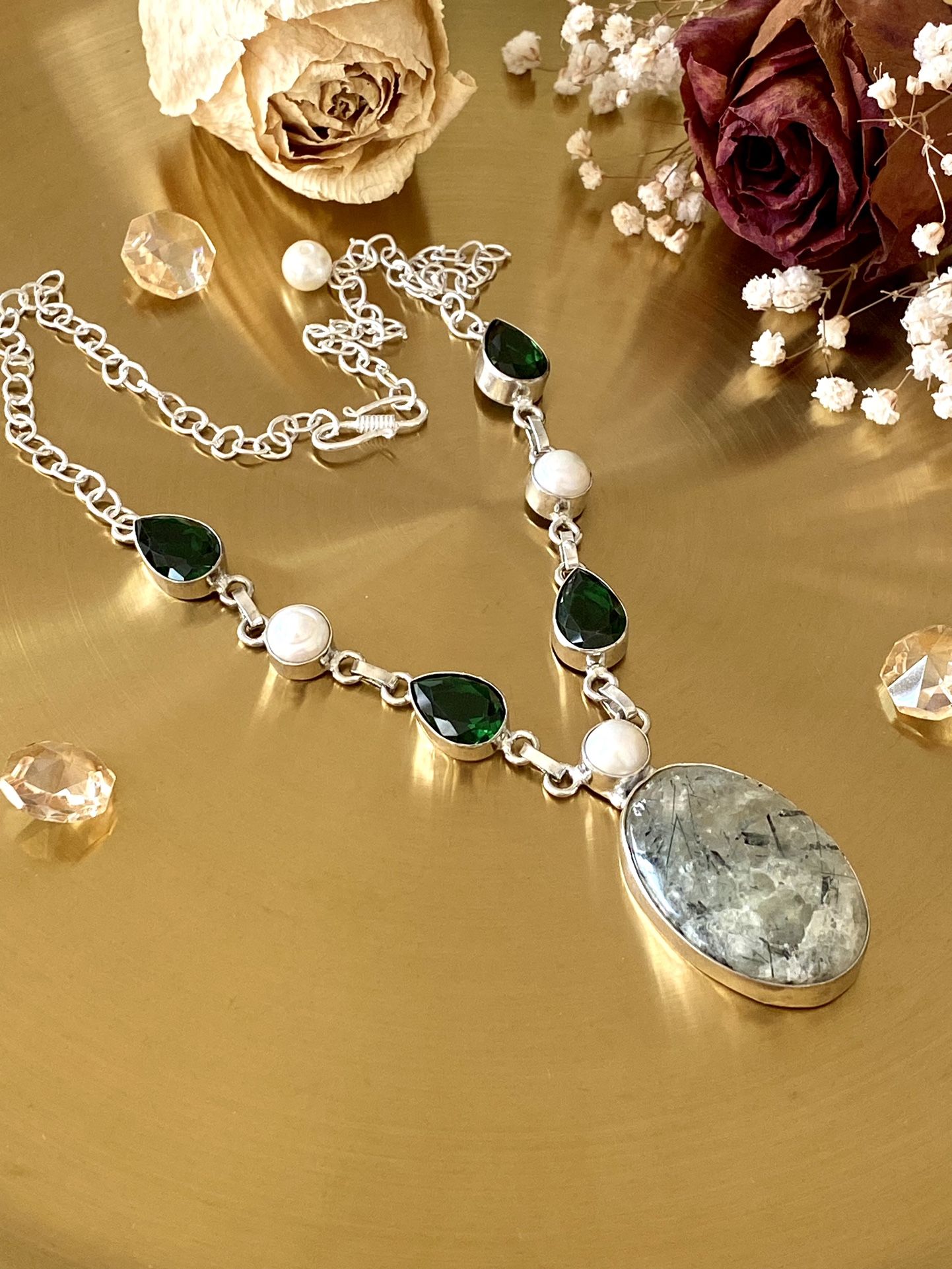 Prehnite, Biwa Pearl And Green Quartz 925 Sterling Silver Overlay Handcrafted Necklace