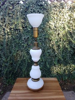 Tall Vintage Milk Glass & Brass Hobnail Table Lamp Mid Century