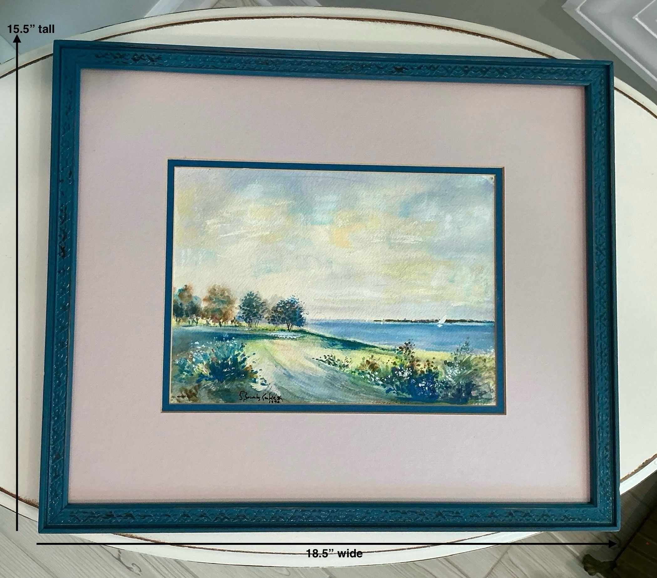 Custom Distressed Coastal Blue Framed & Matted 1990 Original Hand Painted Waterfront Picture