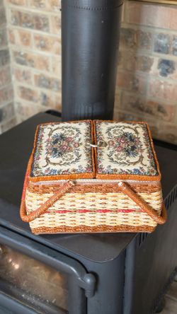 Vintage Wicker Sewing Box Floral Tapestry Lid Japan Mid Century