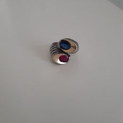 Unique Design 925 Solid Sterling Silver Ring With Gold Accent, Size 7