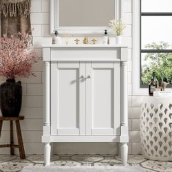 Newly Assembled 24 Inch White Bathroom Vanity with Ceramic Sink & Intergrated Countertop,Vintage Bathroom Vanity with 2 Doors with Silver Knobs