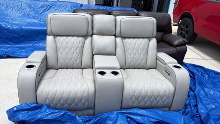 Light Gray Leather Power Recliner Sofa with Console