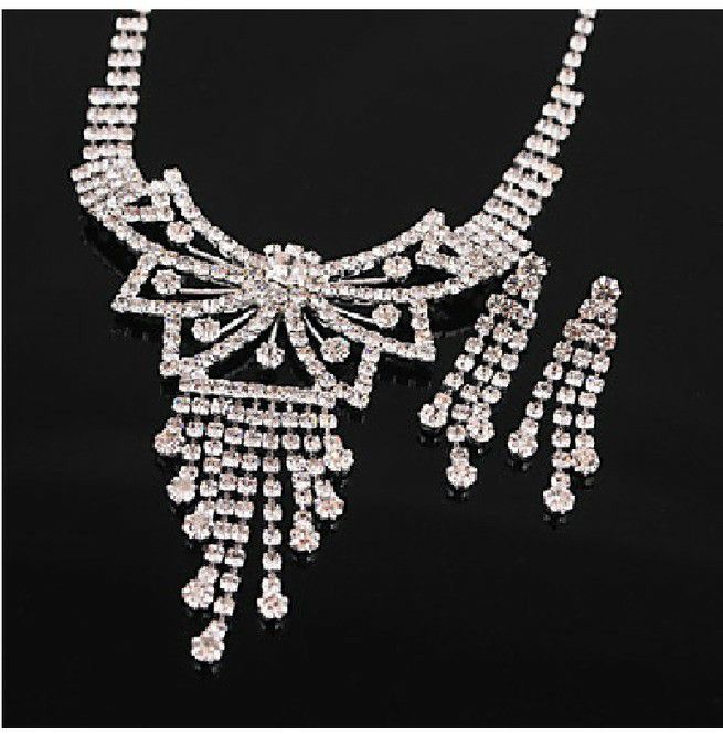 Clear White Austrian Rhinestone Crystal Necklace Butterfly Tie Floral Necklace Earring Wedding Jewelry Set