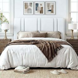 Amolife Queen Bed Frame, Platform Bed with Upholstered Velvet Adjustable Headboard, Wooden Slats, Easy Assembly, White