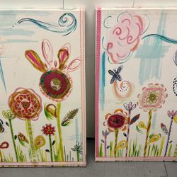 2 Liesl Painted Canvas Art Print Flower Wall Decor Wood Frame 3'x2'