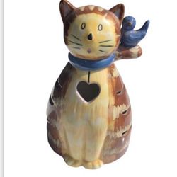 Cat Lovers - Cute Kathy Hatch Tabby Cat votive candle holder Ceramic Bird Figurine Tealight 