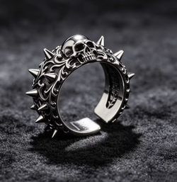 Antique Stainless Steel Adjustable Punk Skull Ring with Spike Rivets