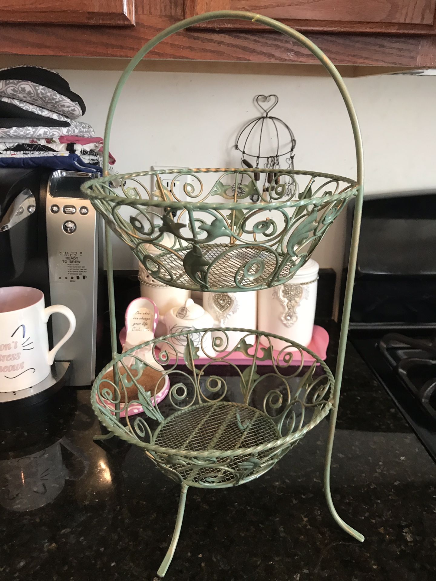 Pretty! Sage green two tier metal design fruit/ Vegetable Basket