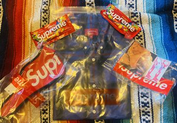 SUPREME NY Lot Of 7 BLUE Spray TARTAN BUTTON UP SZ MED, 2 Skittles, Facemask & 3 Stickers