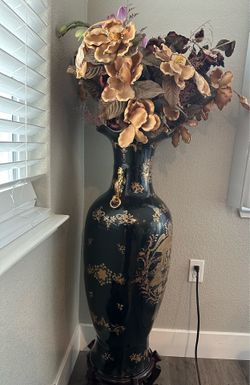 Vintage Large Black & Gold Porcelain Floor Vase – Ornate Chinoiserie / Victorian Style