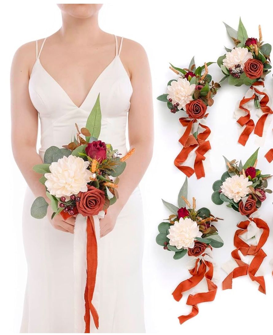 New Never Used Ling's Moment Artificial Flowers Terracotta Bridesmaid Bouquet Set of 6, Fall Wedding Flowers Bouquets for Bridesmaids, 7 Inch Bridal B