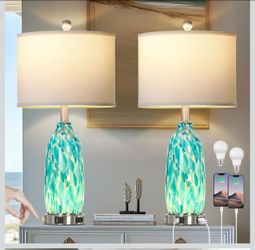 26" Peacock Green Glass Table Lamps Set of 2,Coastal Nautical Bedside Lamps with USB Ports & AC Outlet,Lamparas Elegantes para Cuarto with Night Light