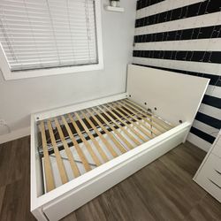 MALM High bed frame 2 storage boxes, white, Full