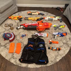 Nerf Gun Collection Used - 11 Blasters - 2 Attachments - 2 Magazines - Vest