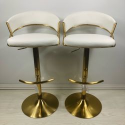 Jie Adjustable Bar Stools - White Faux Leather & Gold Metal (Set of 2)