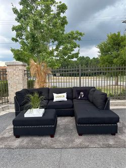 Brand New Upholstered Black/Grey Fabric L Shape Sectional Sofa with Cup Holders & Ottoman | Pay After Delivery 