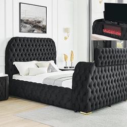 Brand New Tufted Fireplace Queen Size Bed With Tv Lift