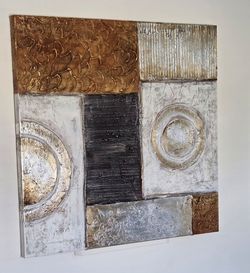 Abstract Wall Art Textured Reflective Gold Silver Mixed Media on 32x32 Canvas