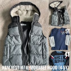H&M Kids’ Puffer Vest with Sherpa lined Removable Hood(4-5Y) W/ 2 Bonus Long Sleeve Ts