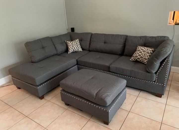 Brand New Grey Linen Sectional Sofa +Ottoman (New In Box)