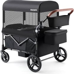 Harppa Remy Wagon Stroller for 4 Kids, Foldable 4-Seater Stroller Wagon with Mosquito Net Canopy,Snack Tray, 8''/12''All-Terrain Wheels, 28