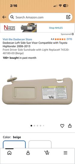 Sun visor Toyota Highlander 2008-2013 driver side,beige color