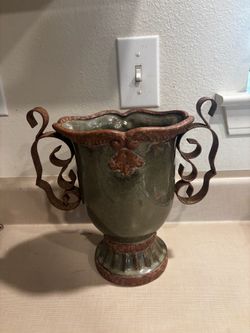 Green Glazed Ceramic Urn with Iron Scroll Handles