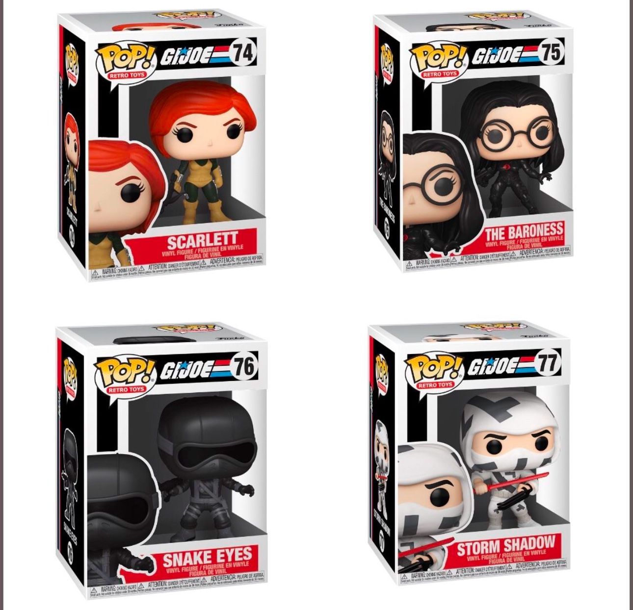 Funko Pop Retro Toys G.I. Joe 4 in Vinyl Figure Set - Scarlett 74, Baroness 75, Snake Eyes 76, Storm Shadow 77