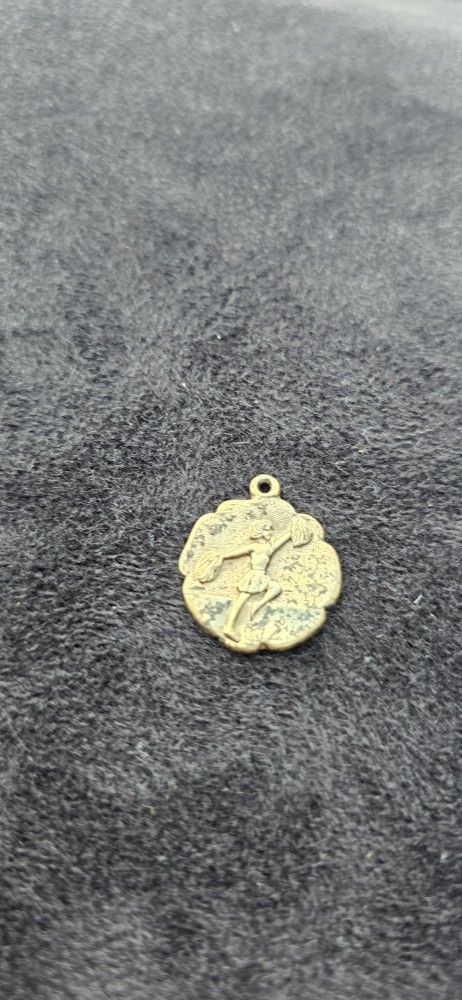 Vintage Cheerleader Pendant Brass Medal – 1980s Sports Charm – Pom Pom Girl