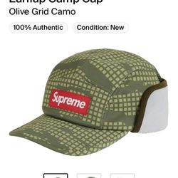 Supreme x WINDSTOPPER® Box Logo Earflap Camp Cap Olive Grid Camp Hat Sz S/M FW21