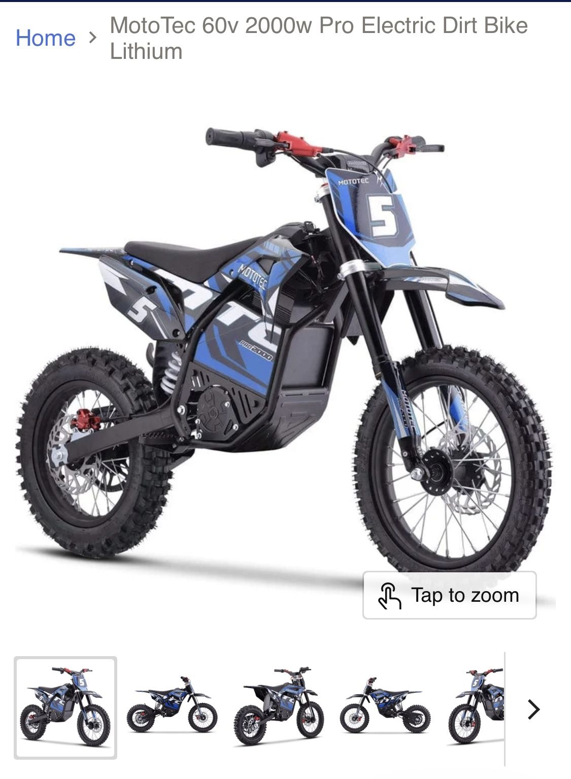 Moto Tec 60v Pro Electric Dirt Bike 2000w Lithium Blue