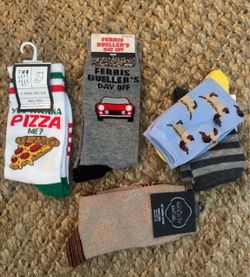 Fun socks bundle , Pizza, palm trees, Weiner dog,  Ferris bueller’s day off, Novelty Crew Socks bundle
