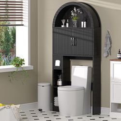 Over The Toilet Storage Cabinet, Freestanding Bathroom Organizer with Adjustable Shelf and Anti-Tip Device, Arched Cabinet with Doors, Space-Saving To