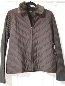 Creation Effeci Brown Quilted Knit Jacket – Women’s XL – Faux Fur Collar
