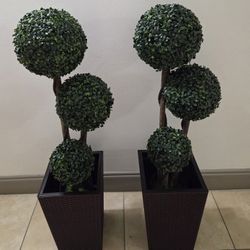 PAIR of 3ft Faux Boxwood Topiaries in 16in Brown Textured (Rattan) Planters @ Lasting Creations 