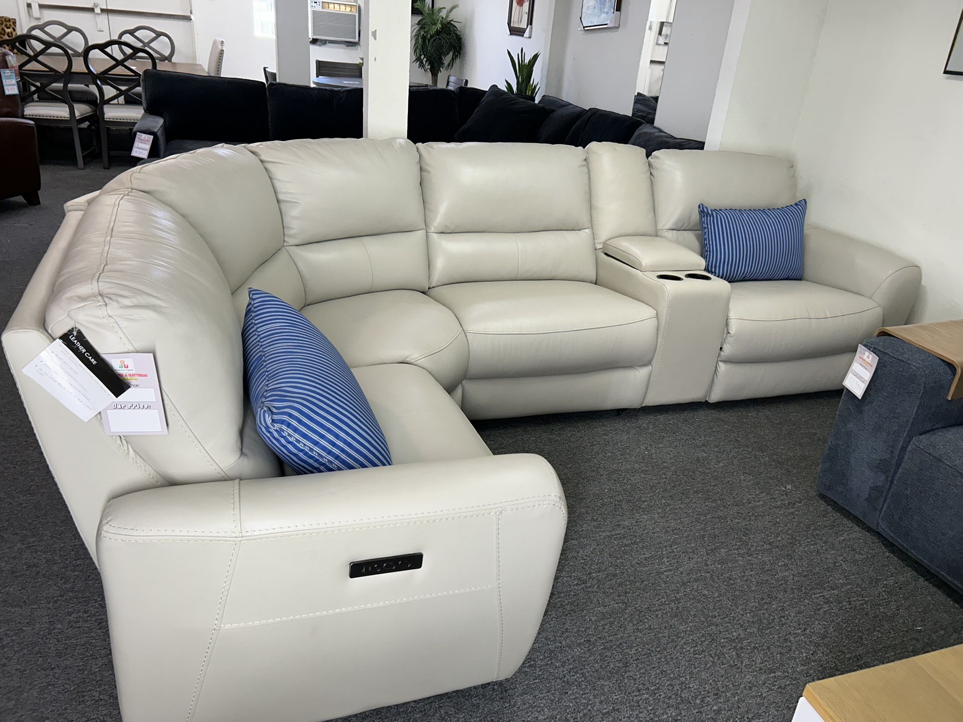 Furniture- 5 Pc Real Leather Sectional With 2 Power Recliners- Danvors